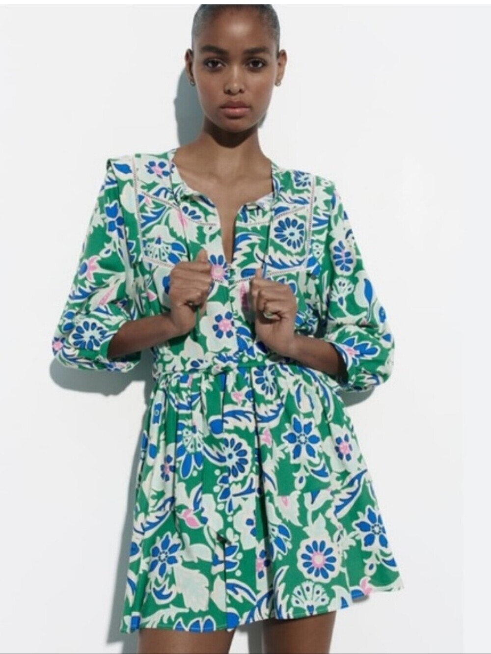 ZARA FLORAL LONG SLEEVE MINI DRESS SIZE XS - Picture 1 of 14